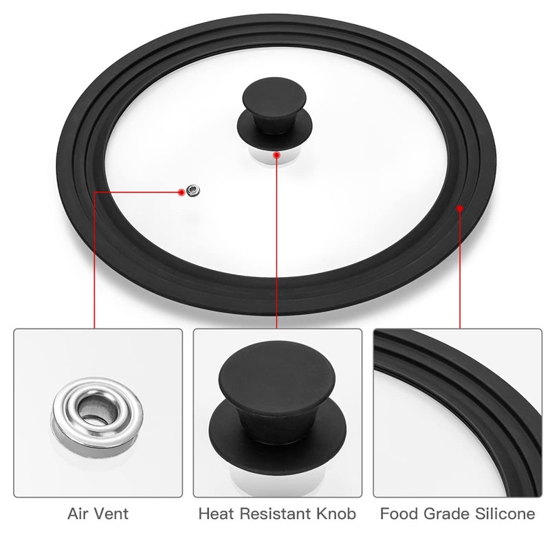 Eooch Universal Lid for Pots, Pans and Skillets Vented Tempered Glass with Heat Resistant Silicone Rim, Fits 8 inch, 8.5 inch, 9.5 inch Cookware, Replacement Lid, Black - Image 3